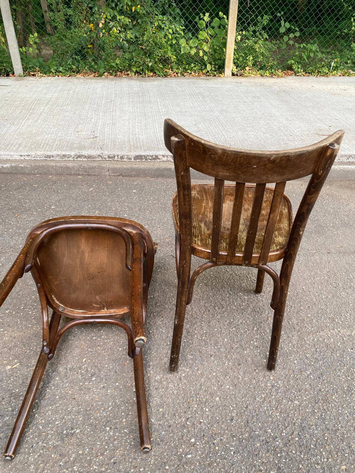 2 solid wood curved walnut bistro chairs in burgundy