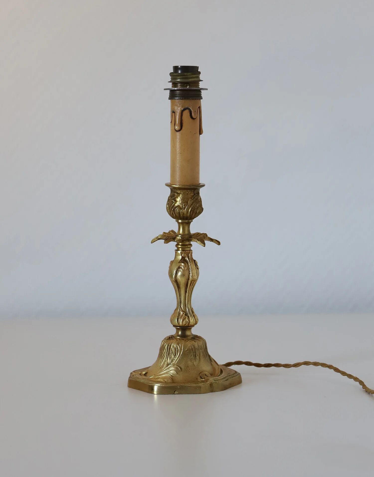 Recycled vintage lamp — antique bronze candlestick base and graphic flowers