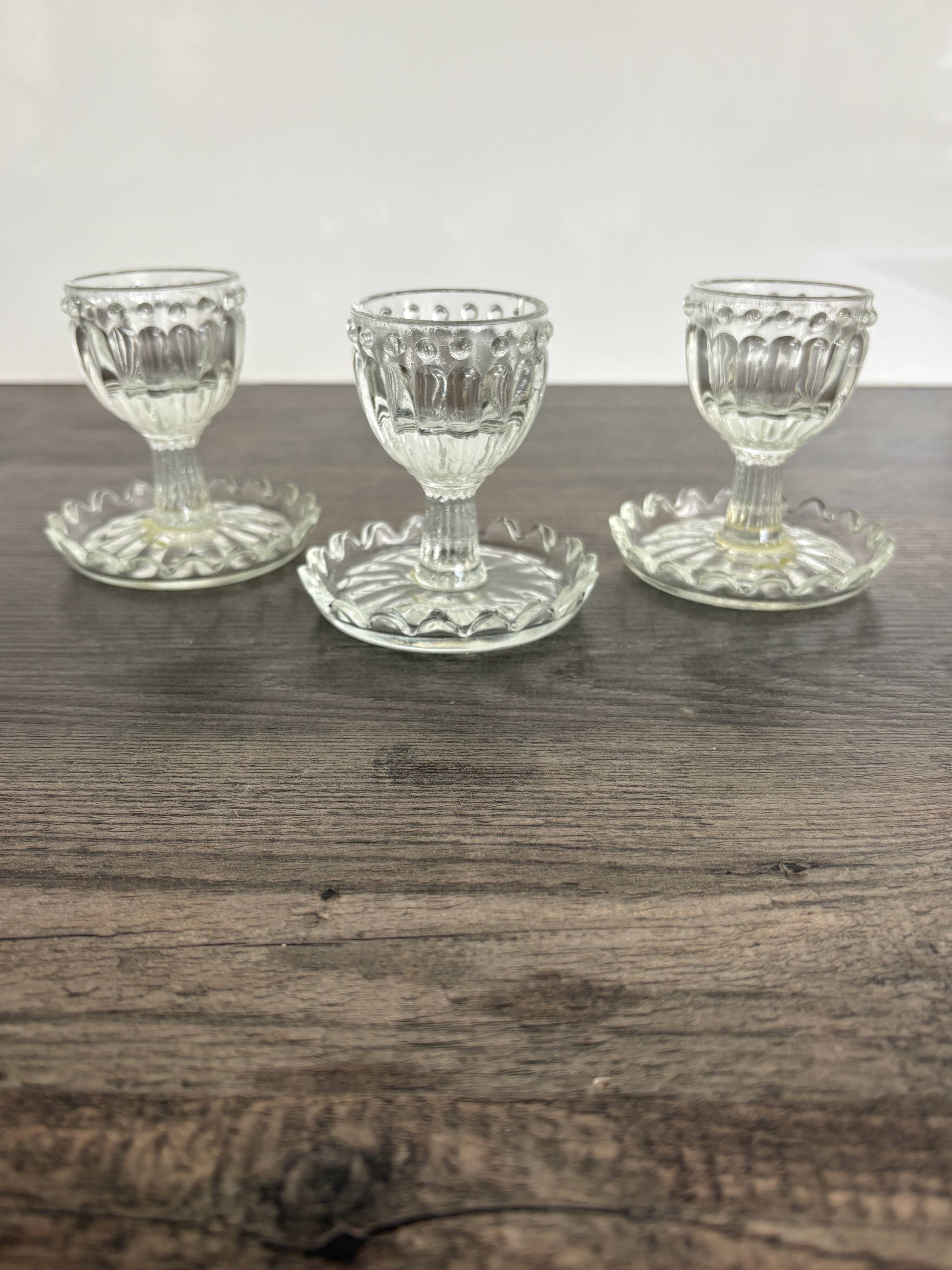 Set of 3 Vintage Glass Egg Cups in Diamond Point Style