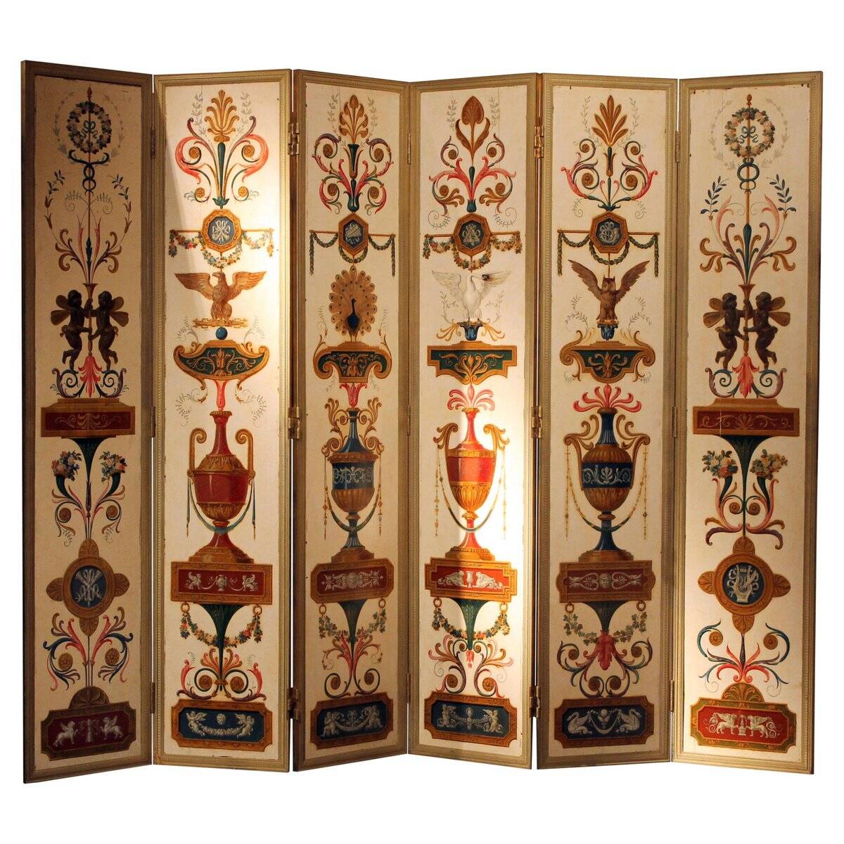 19th Century Italian Six-Panel Painted Wood Folding Screen in Gilt Bronze Frame