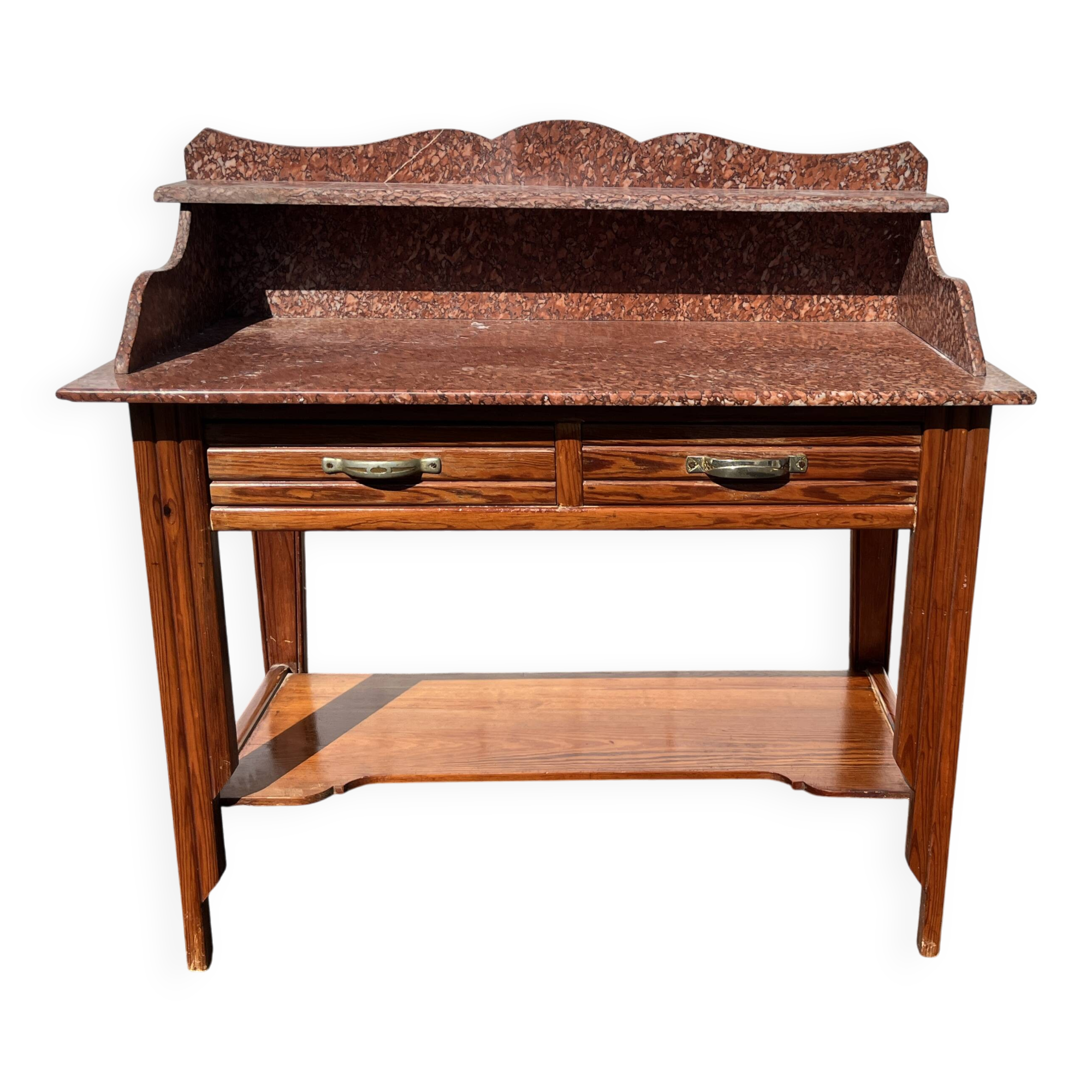 Antique wooden and red marble bathroom cabinet