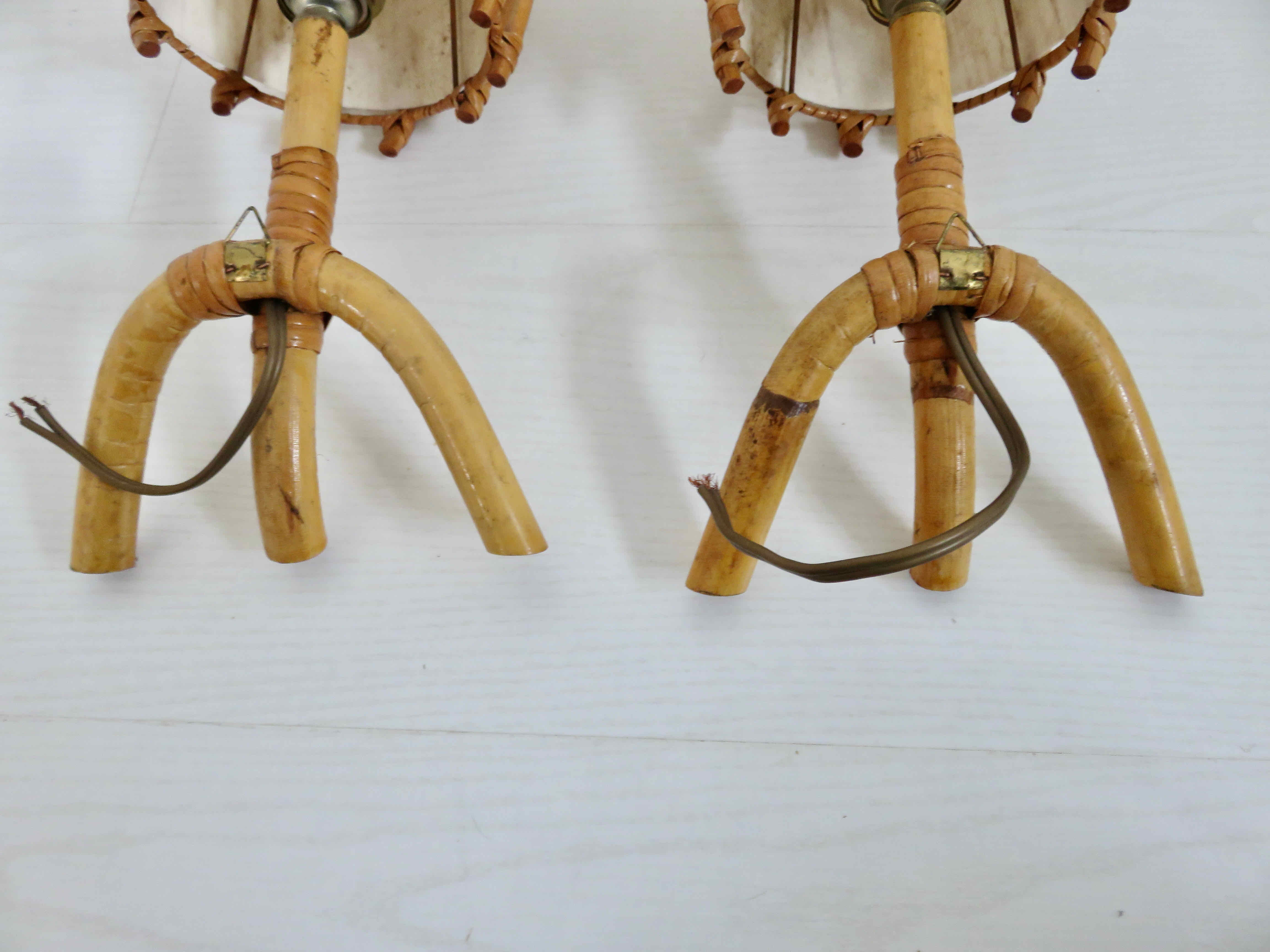Pair of sconces Louis Sognot in rattan, bamboo 60s