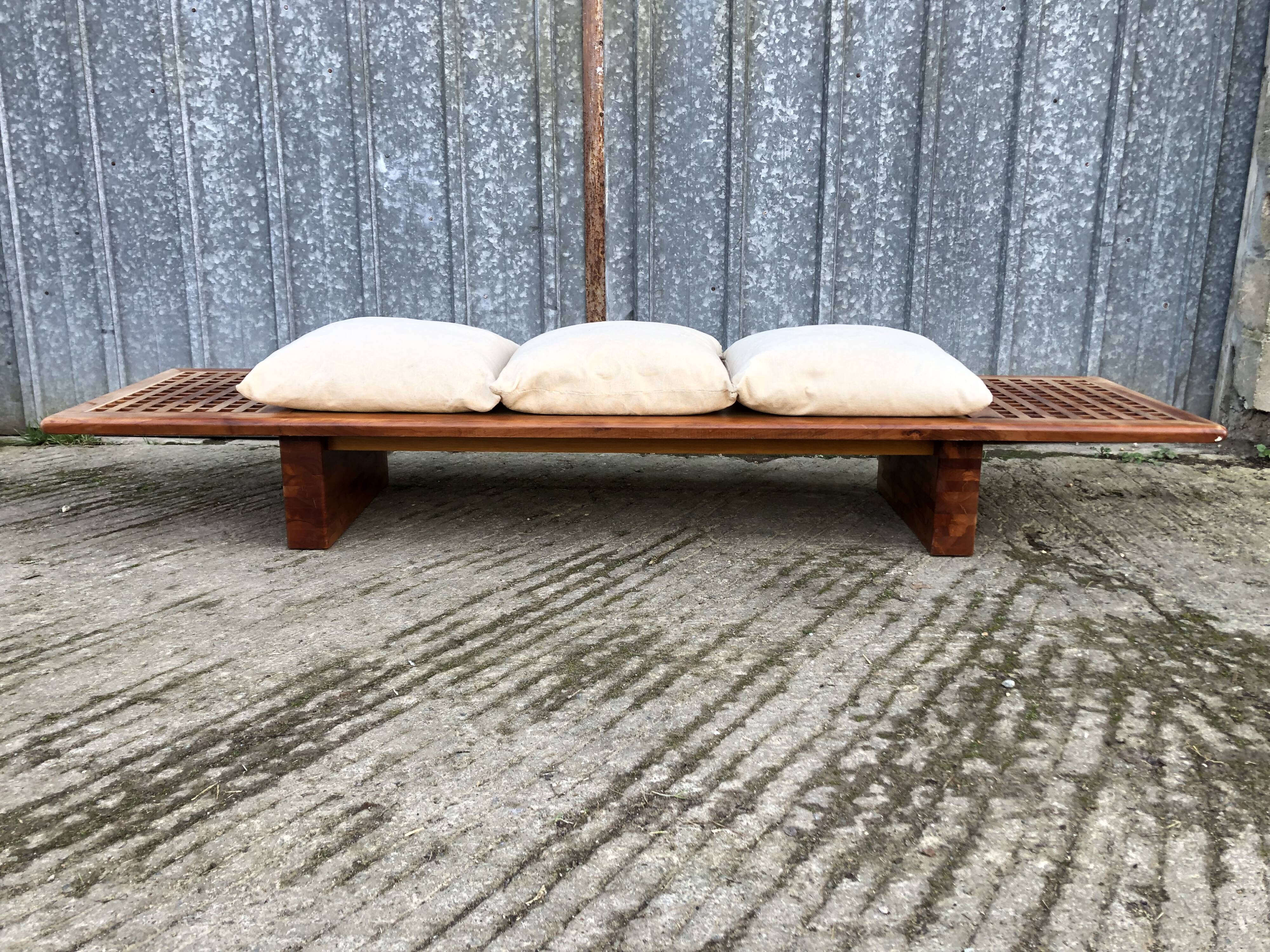 Vintage Yew Wood Bench with 3 Cushions