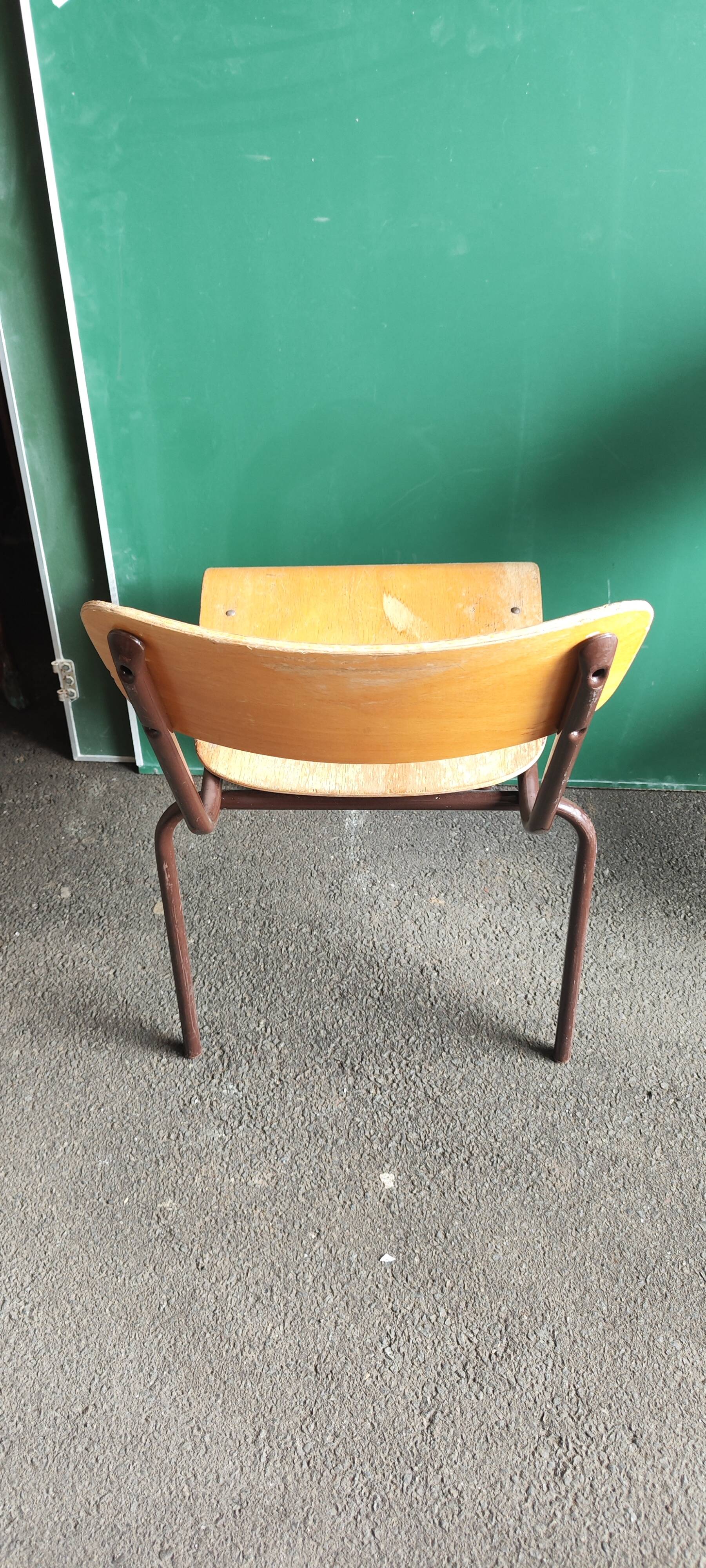 Set of six rounded back metal and wood school chairs