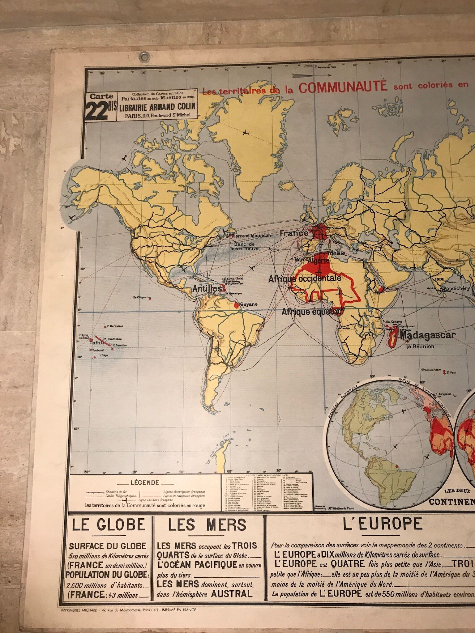 School planisphere Vidal-Lablache 1955 map