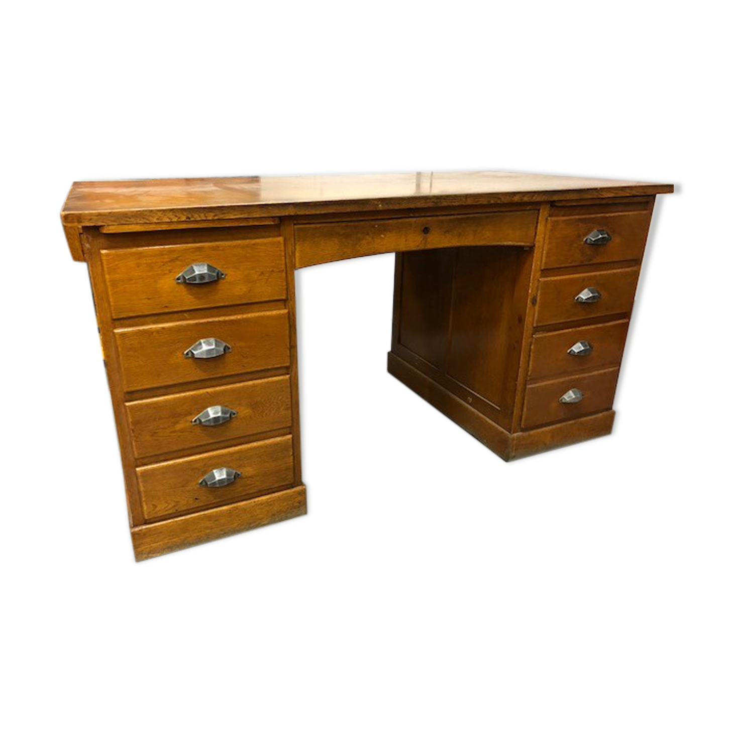 Old wooden desk has double subwoofer