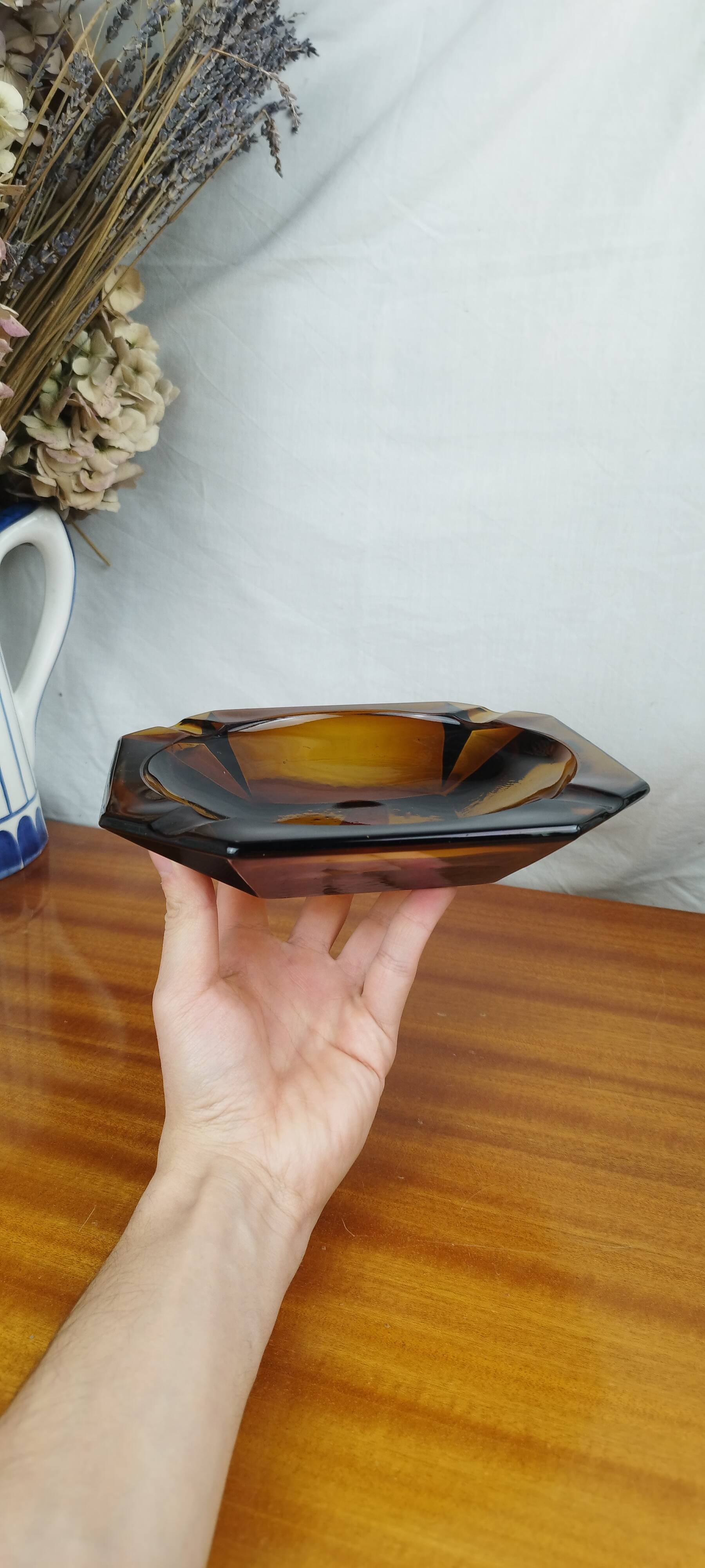 Large Geometric Amber Yellow Glass Ashtray Vintage Art Deco Style