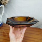 Large Geometric Amber Yellow Glass Ashtray Vintage Art Deco Style
