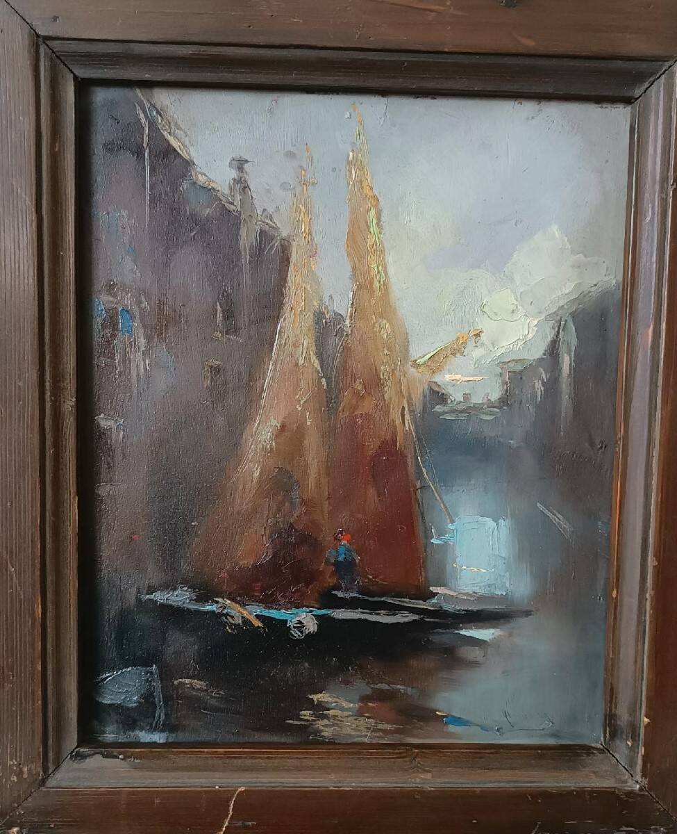Old oil painting on panel, late 19th century - Boats - signed - Antique frame