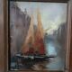Old oil painting on panel, late 19th century - Boats - signed - Antique frame