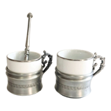 Set two porcelain cups with pewter support