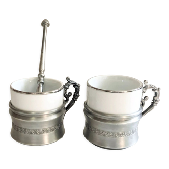 Set two porcelain cups with pewter support
