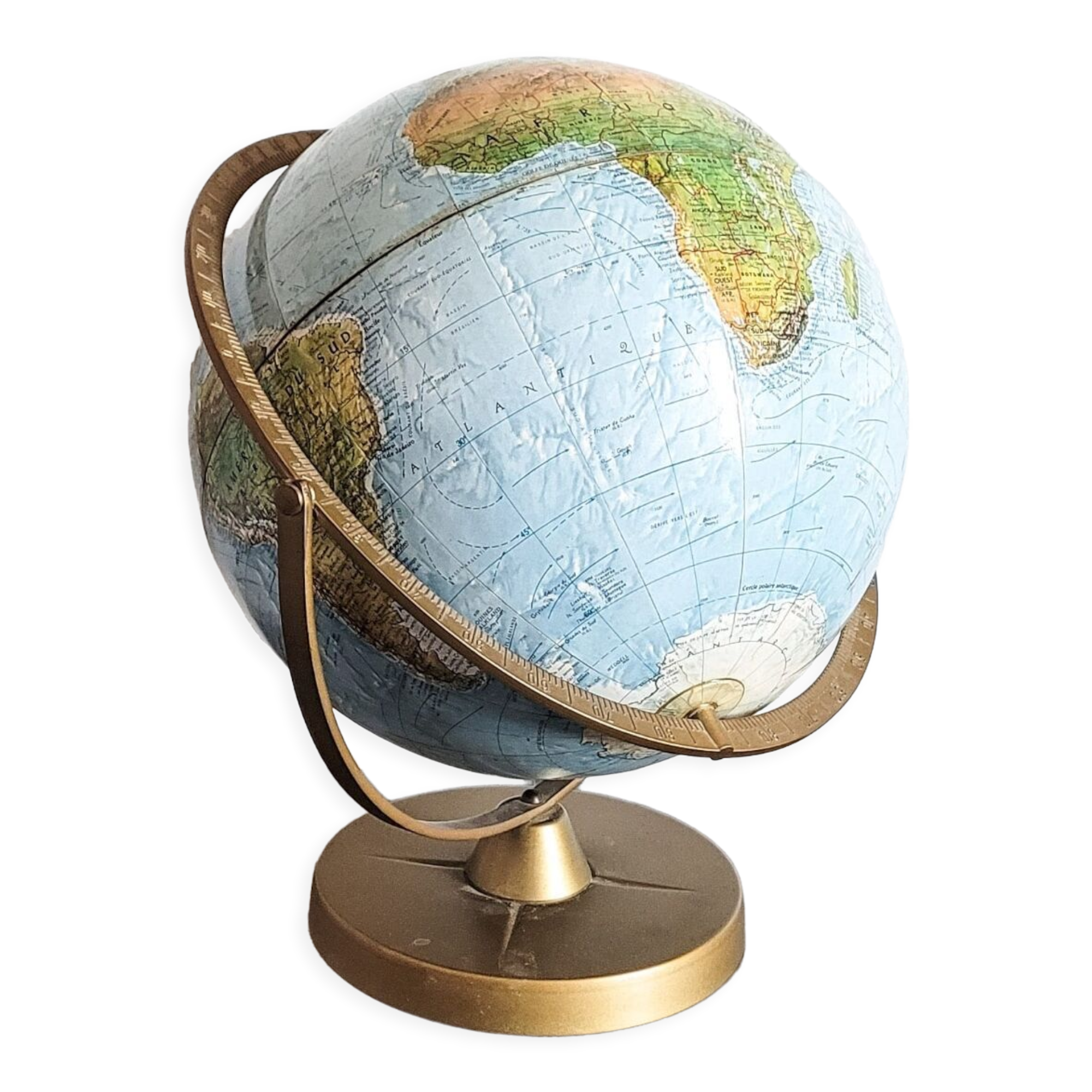 Globe terrestre en relief en laiton vintage