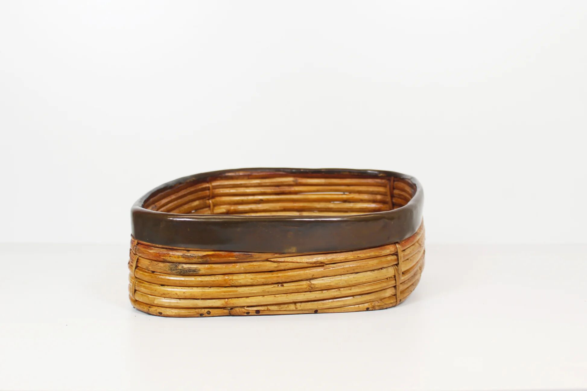 1970s rattan and brass basket by Gabriella Crespi