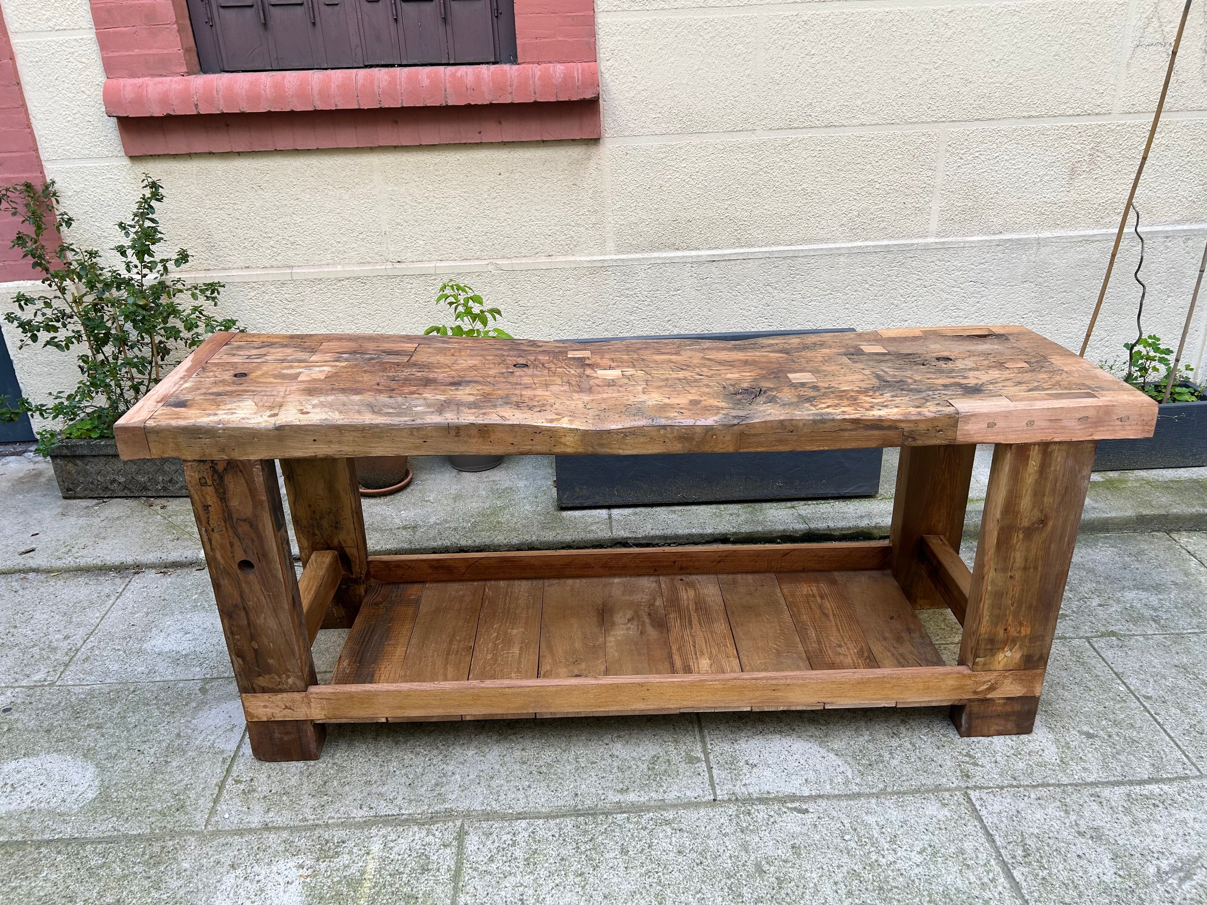 Old beech wood carpenter's workbench – over 100 years old – rustic style