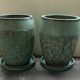Set of 3 large blue glazed stoneware pots.