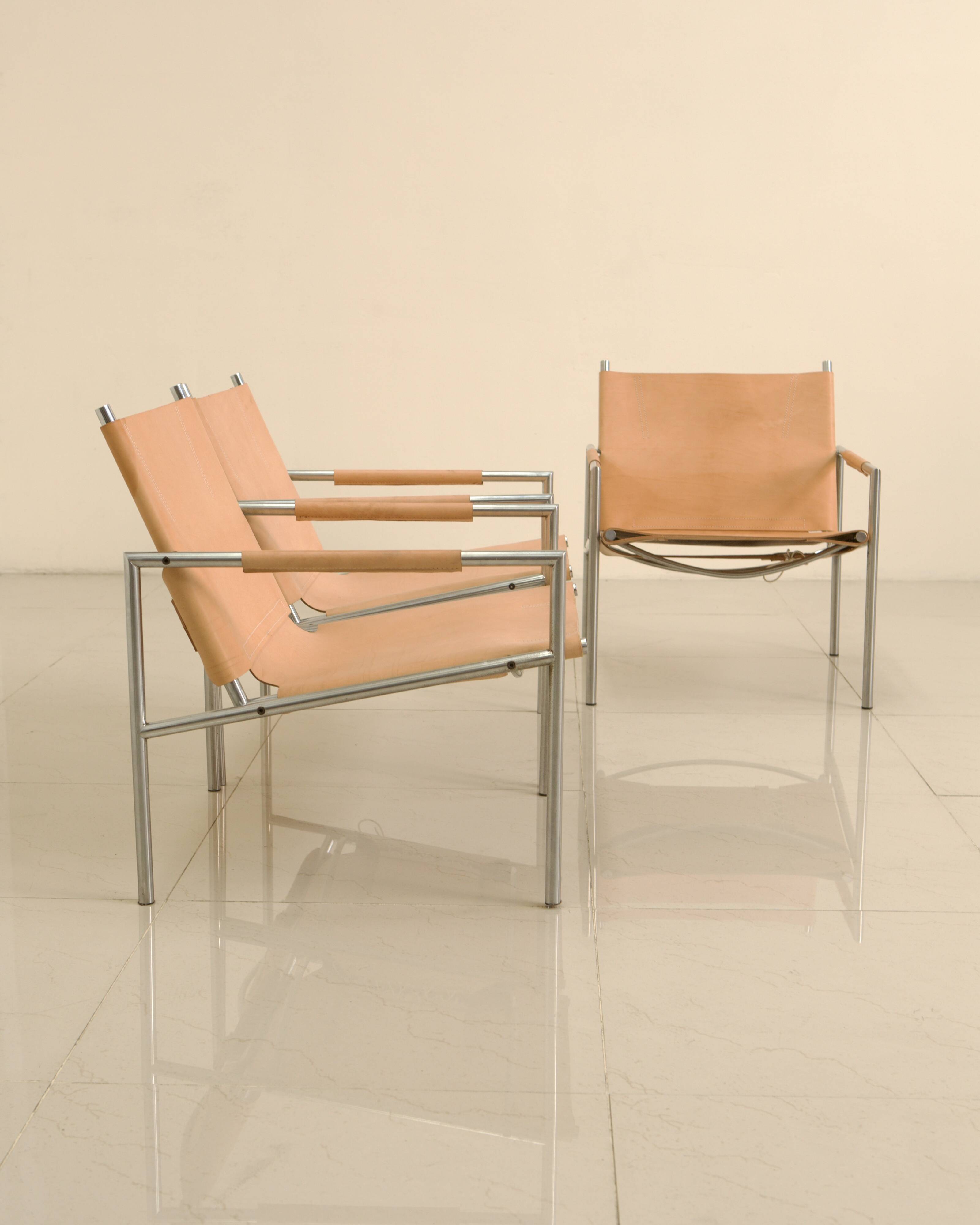 3 "SZ02" armchairs in natural beige leather by Martin Visser for Spectrum 60's