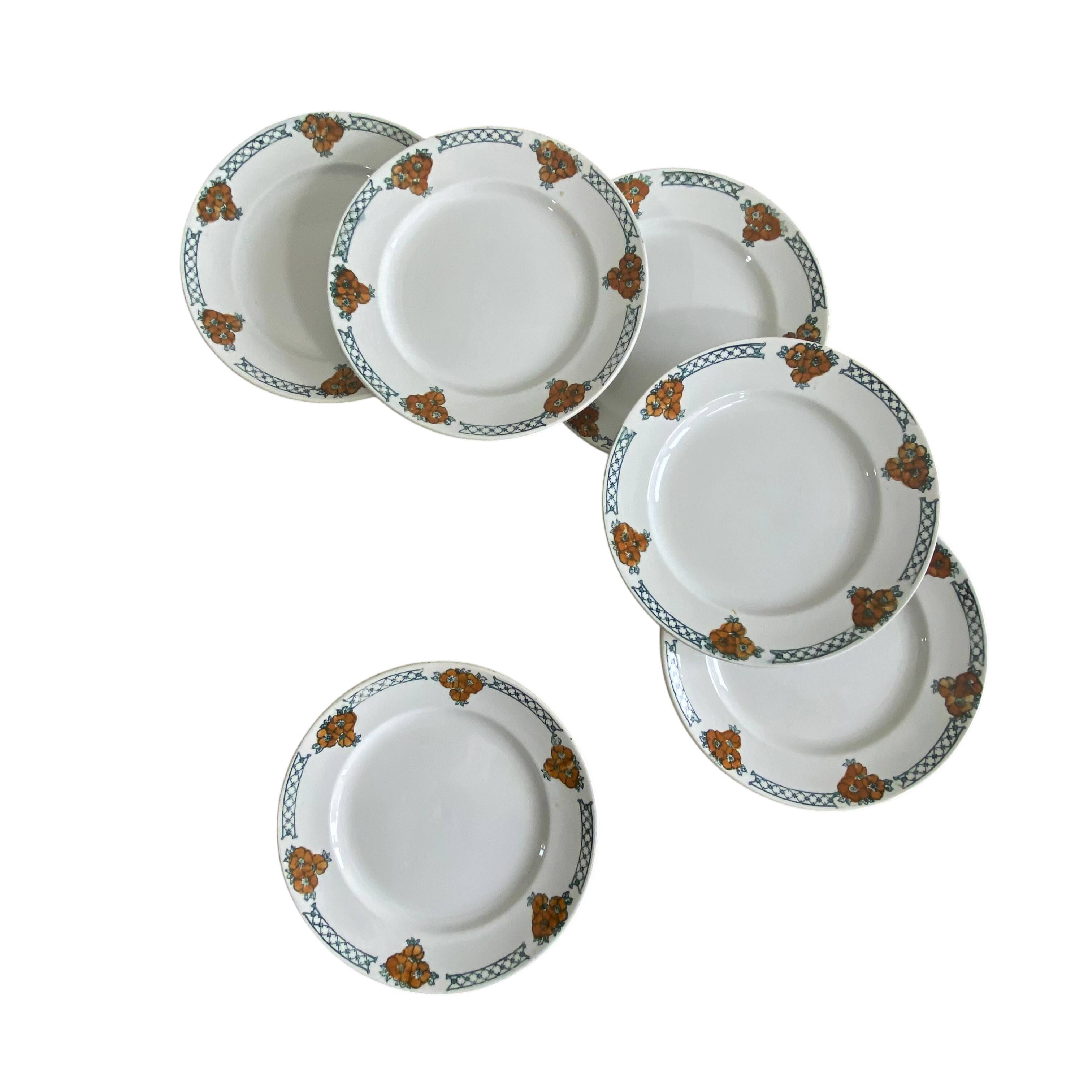 6 antique earthenware dessert plates, ironstone, Moulin des Loups Aubépine