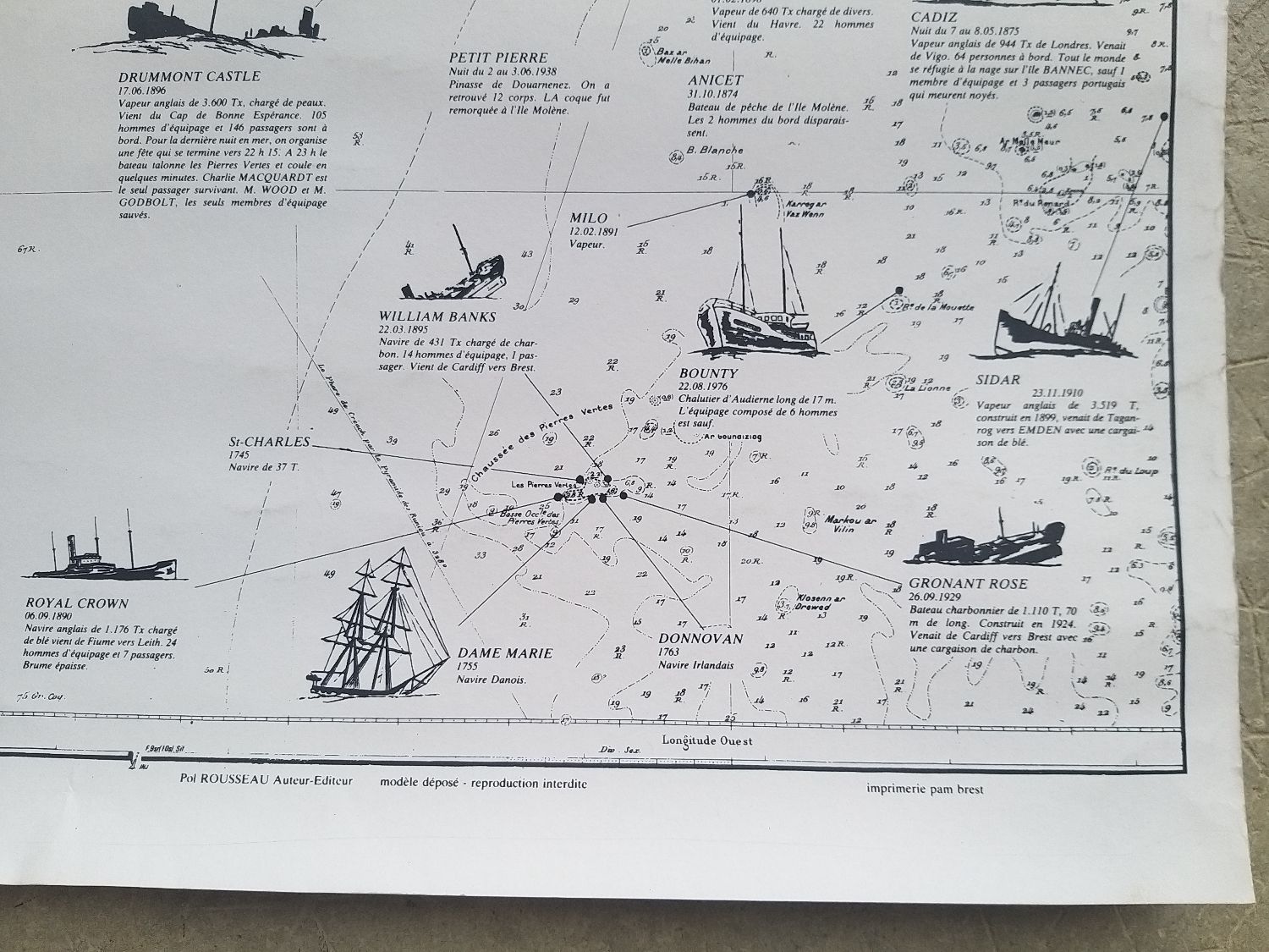 Shipwrecks map of the island of Ushant circa 1980