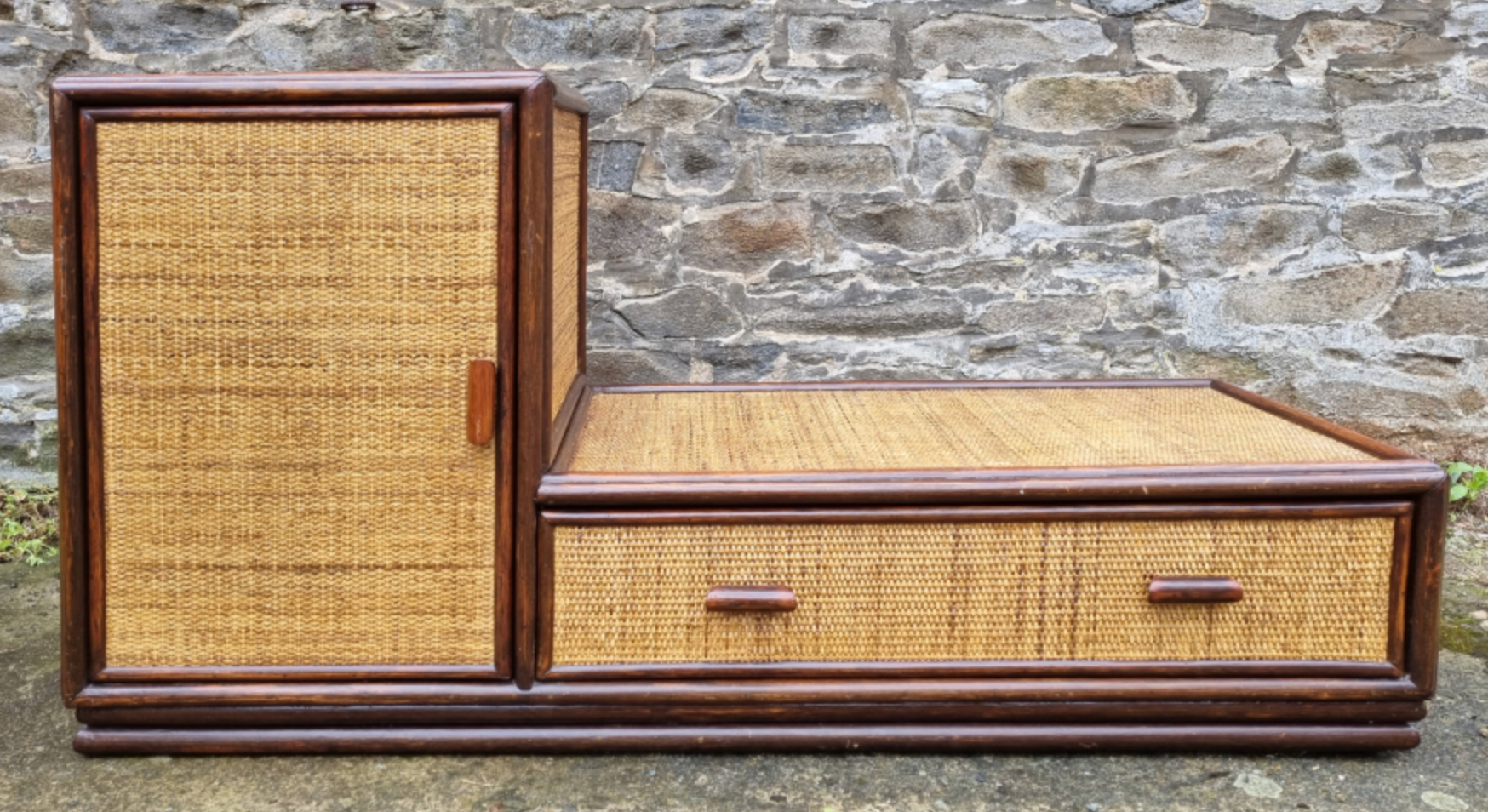 Storage cabinet in bamboo and vintage wicker, 60s