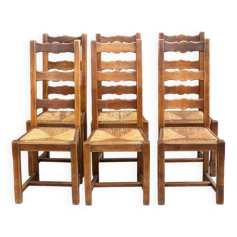 6 chaises bois massif chêne moyen et paille dossier haut