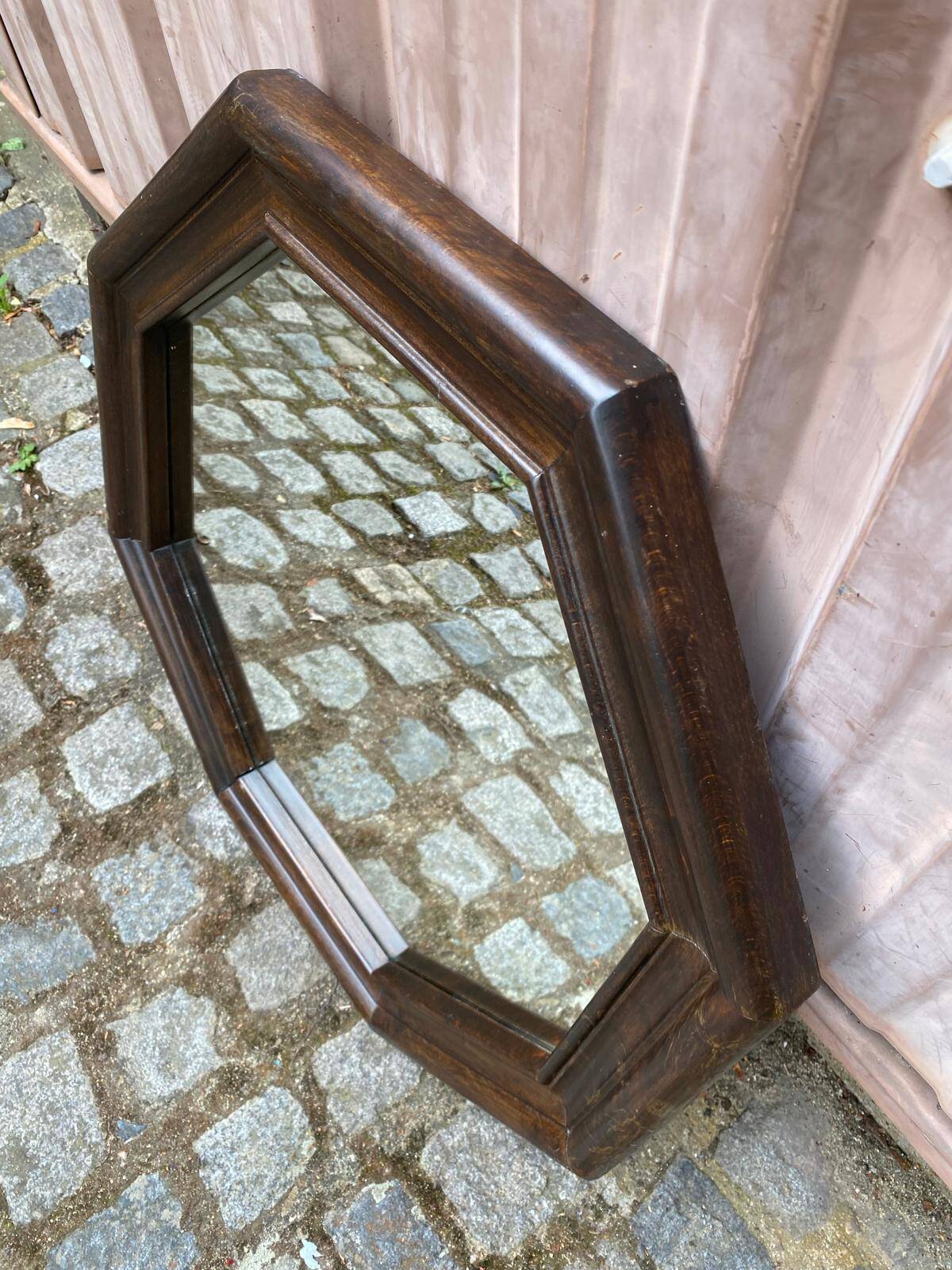 Vintage octagonal mirror in solid wood from the 70s, 63x63cm.