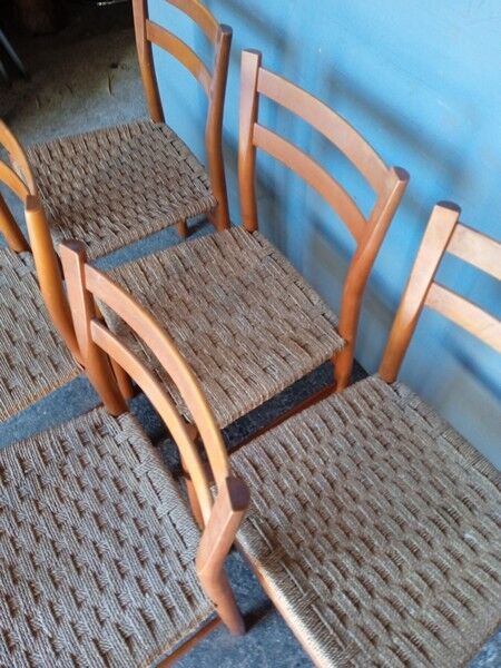 6 Scandinavian chairs wood and rope period 1960