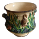 Pot cover in slip pattern birds small shine on brown border of the foot