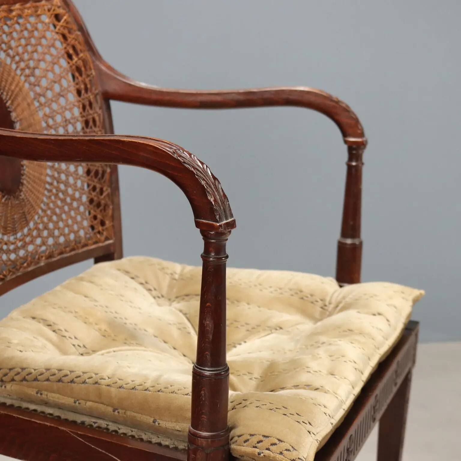 Antique beech armchair stained walnut and fabric, Italy, 19th century