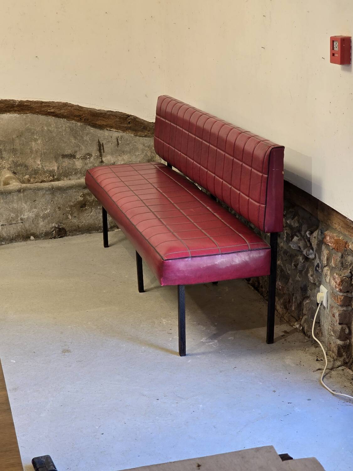 1960s double bistro bench in buttoned burgundy red skai