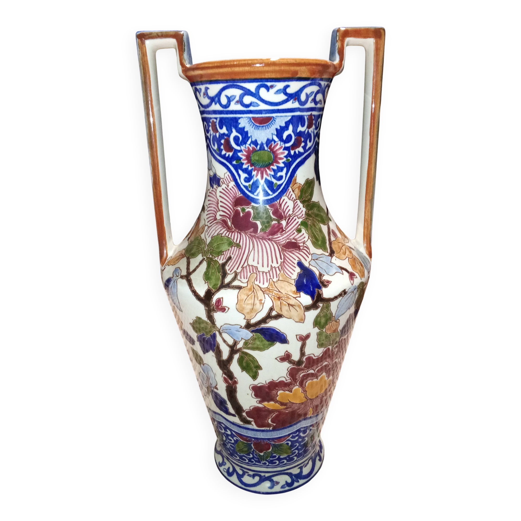Superb Gien amphora vase with peonies (period 1960 - 1971)