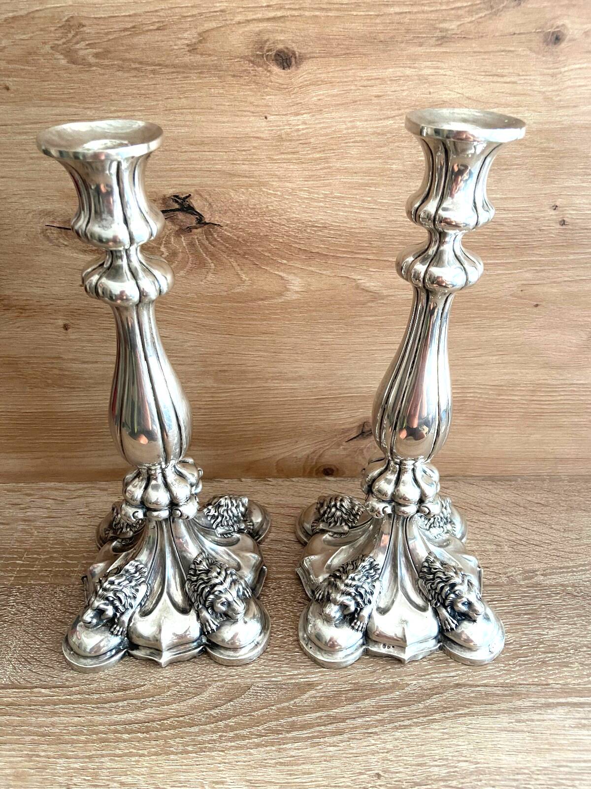Antique Pair of Solid Silver Flambeaux Candlesticks with Unicorn Hallmark, Early X