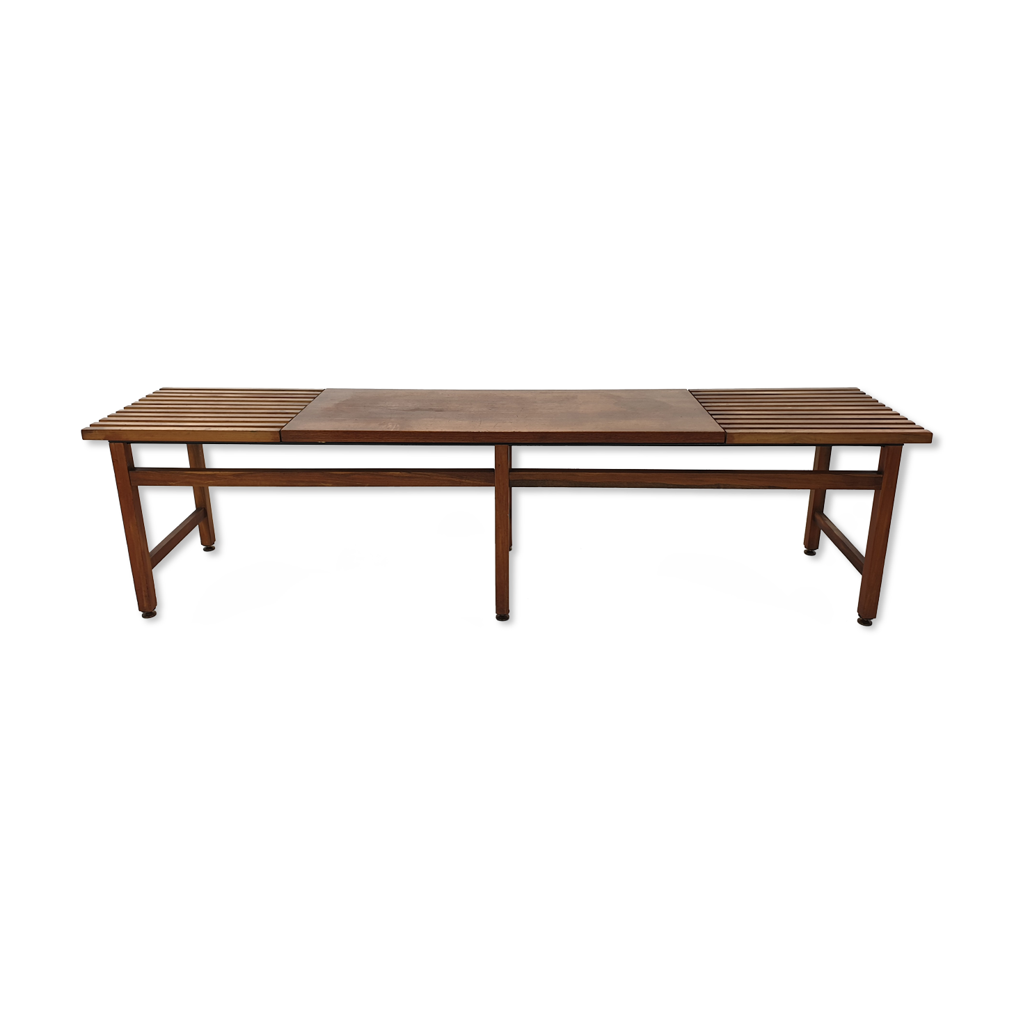 Bench in walnut and teak with brass feet, italy 1950s