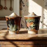 A pair of vintage stoneware pots from the 80s-90s with a Japanese style, signed handmade pottery.