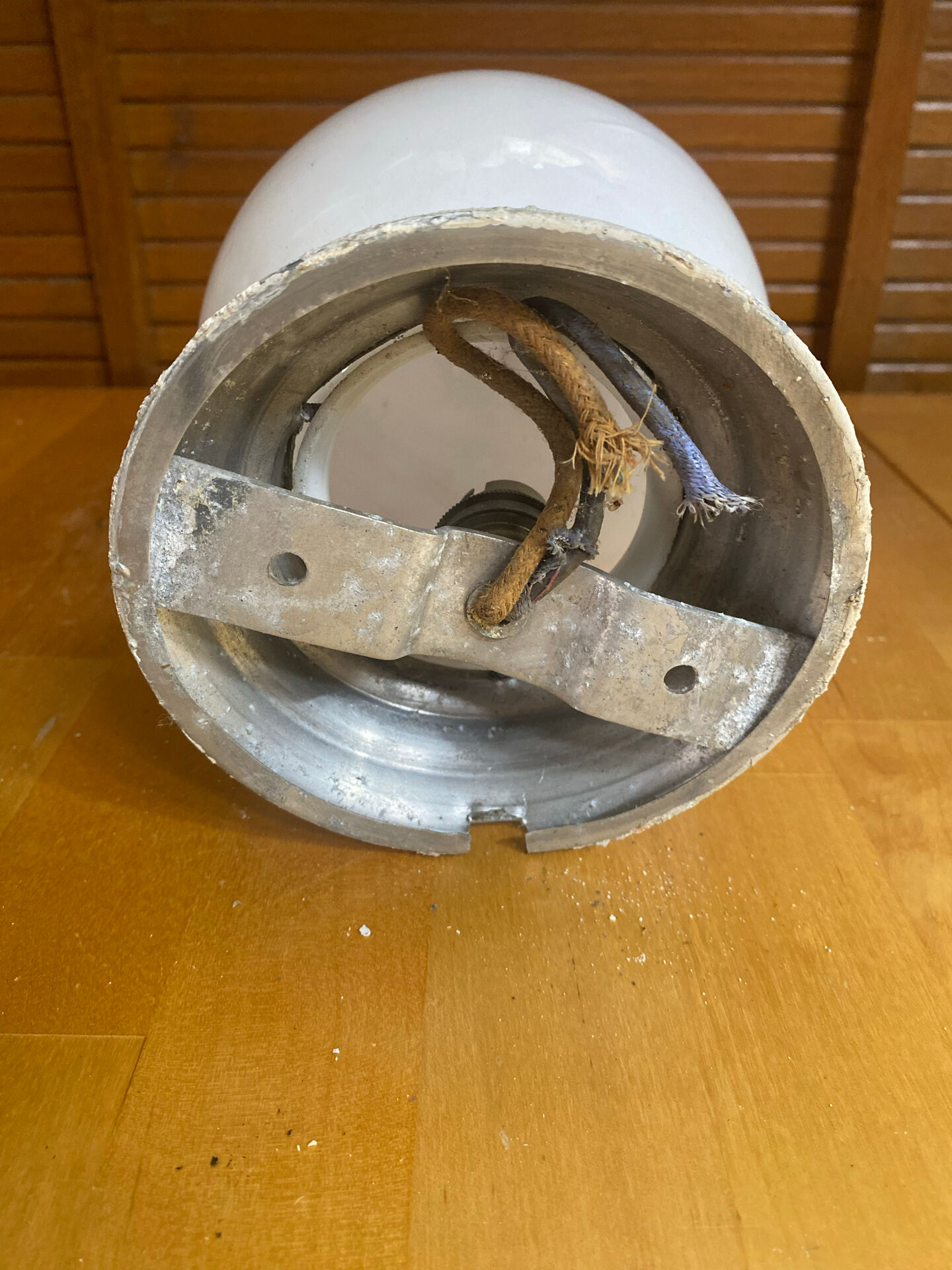 Vintage Ceiling Light Opaline White Ball + Aluminium Support 50s #E