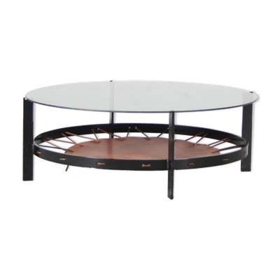 Table basse design néerlandais des années 1950 avec porte-revues en cuir