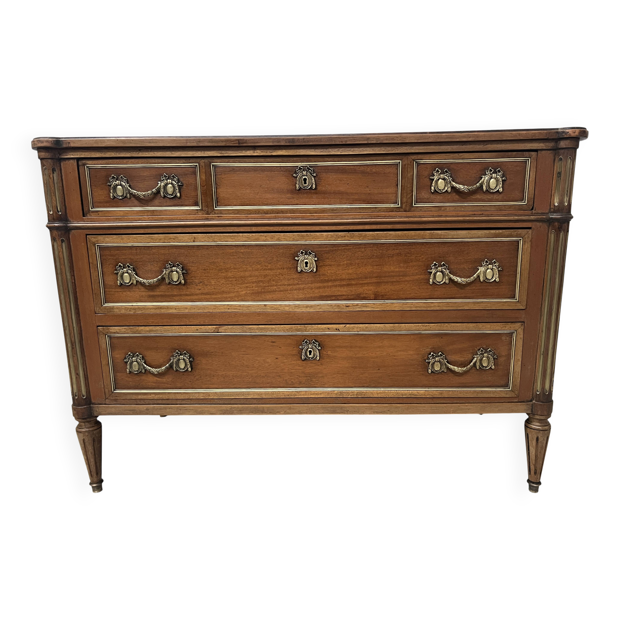 Louis XVI style mahogany commode with a grey veined marble top, 19th century