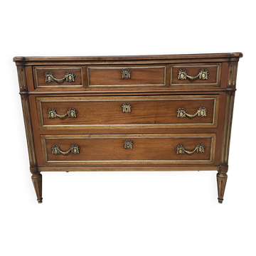 Louis XVI style mahogany commode with a grey veined marble top, 19th century