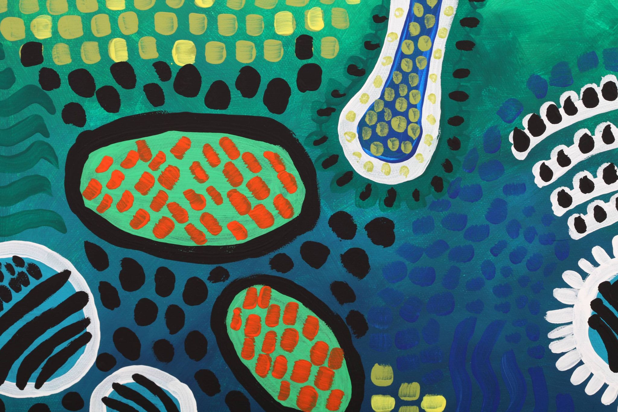 Peinture abstraite moderne verte, jaune, bleue et blanche avec techniques mixtes