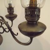 French Vintage Pewter 4 Light Flemish Chandelier Hand Blown Lantern Shades 5104
