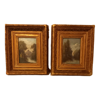 Pair of paintings, oils on wood panels, Napoleon III period, lake landscapes