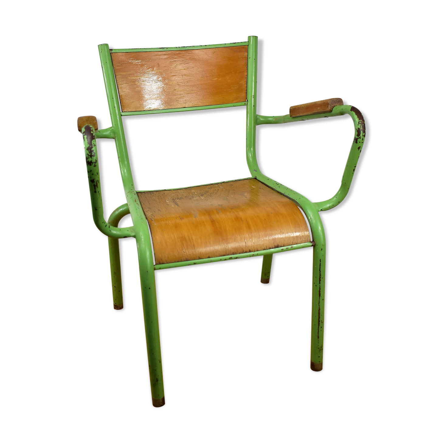 Metal and wood school chair with armrest