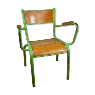 Metal and wood school chair with armrest