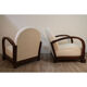 Pair of modernist armchairs in wood and buckle fabric, 1940