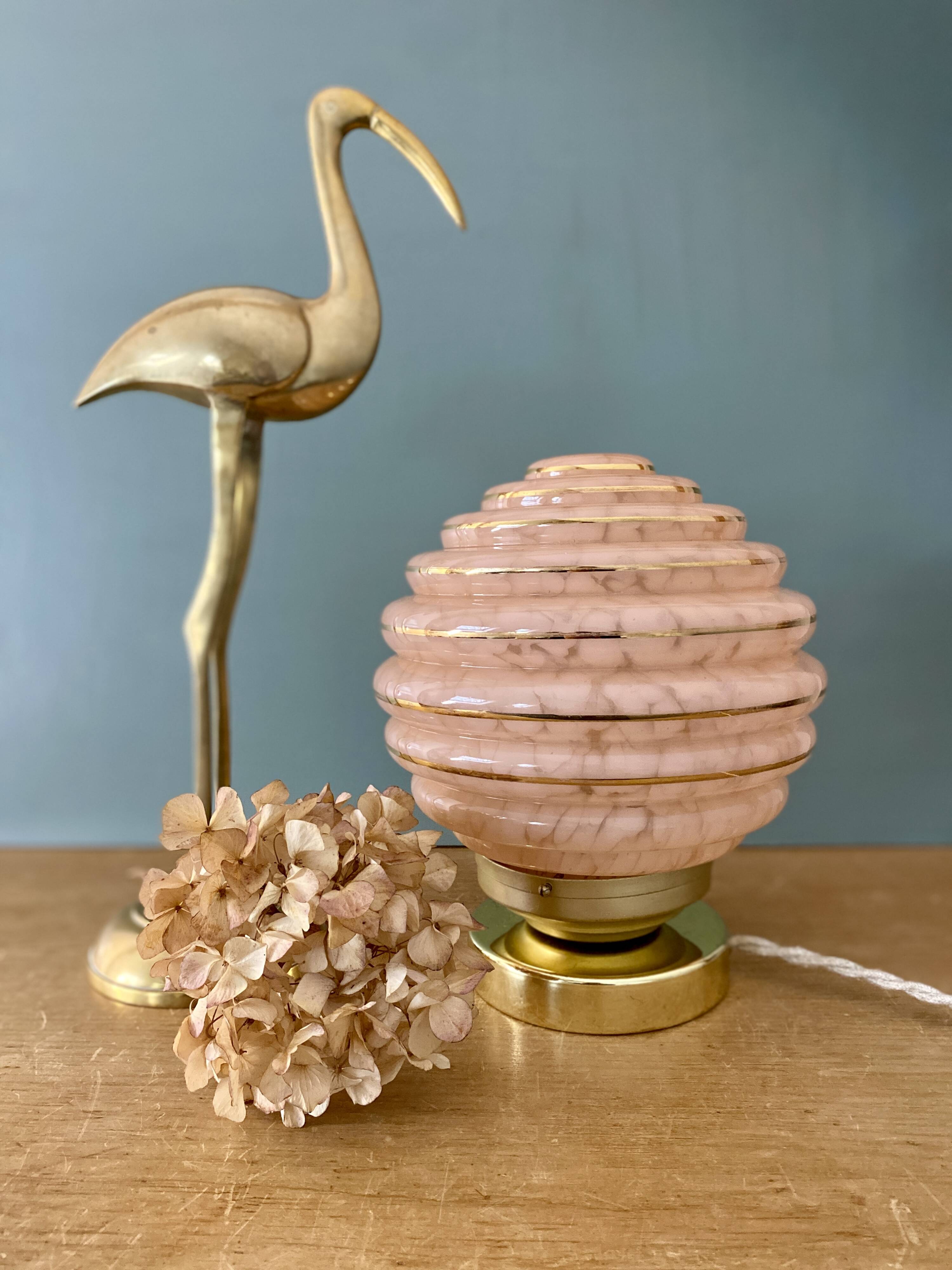 Vintage art deco globe table lamp in pink and gold Clichy glass