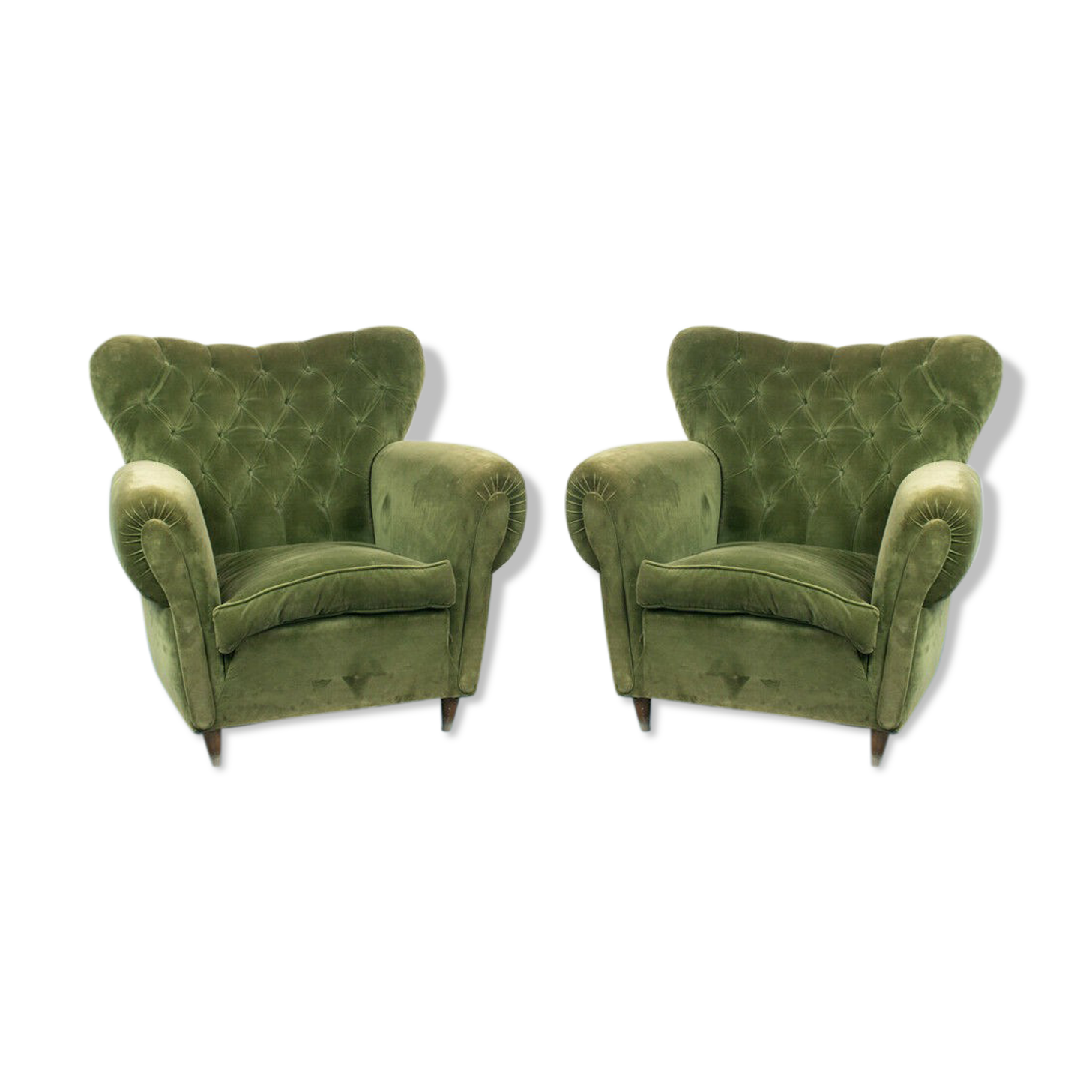 Pair 2 armchairs wood velvet green design 50s vintage modern