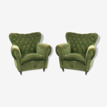 Pair 2 armchairs wood velvet green design 50s vintage modern