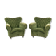 Pair 2 armchairs wood velvet green design 50s vintage modern