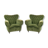 Pair 2 armchairs wood velvet green design 50s vintage modern