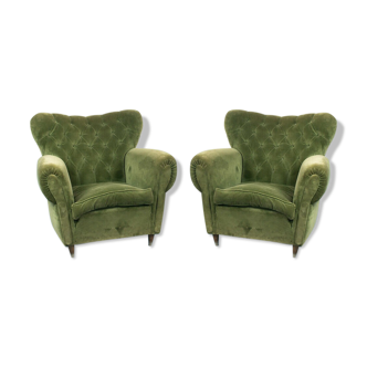 Pair 2 armchairs wood velvet green design 50s vintage modern